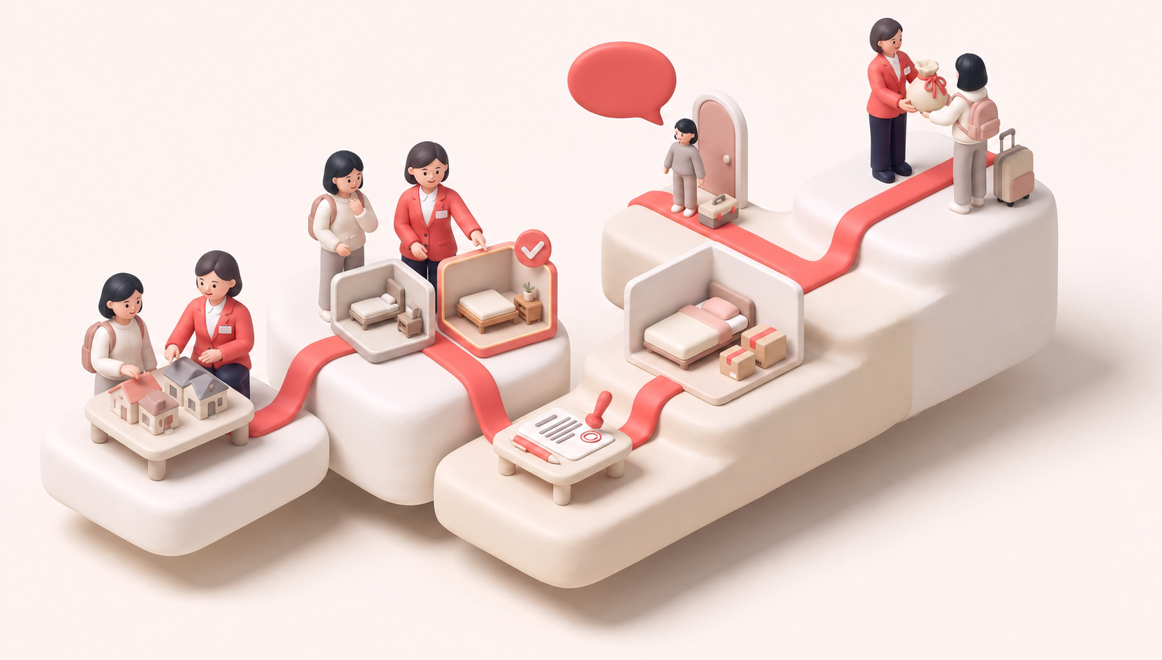Isometric illustration of one path linking six stages: finding a home, viewing and choosing, signing, moving in, living, and moving out with the deposit returned