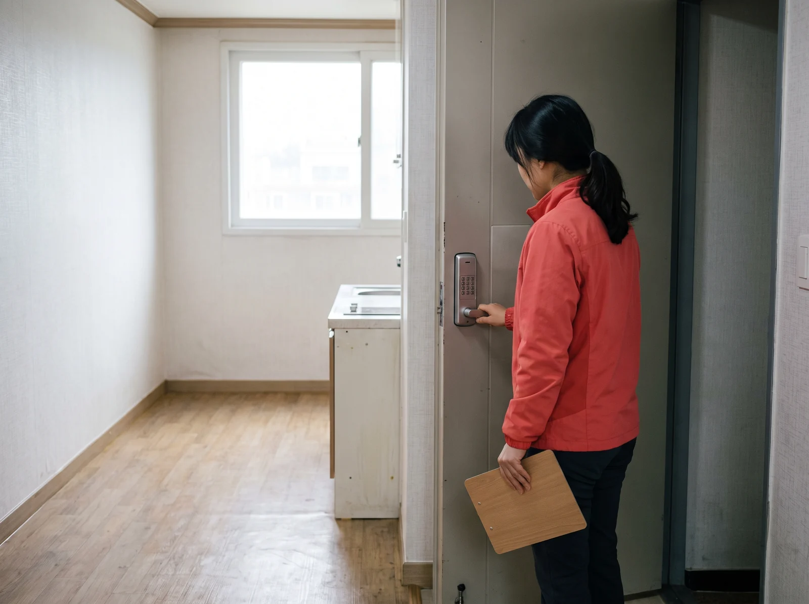 A HeartStay staff member checking the door lock during an on-site room inspection