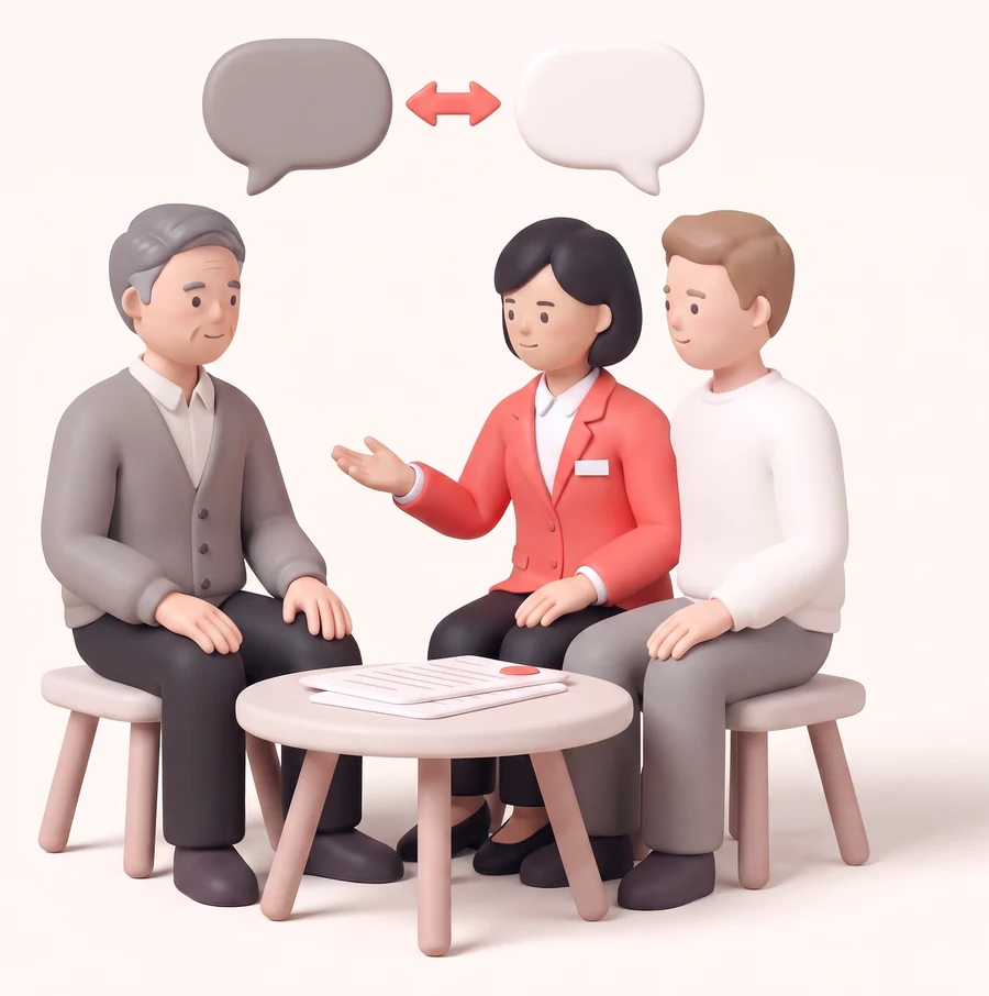Illustration of a HeartStay concierge sitting beside a foreign tenant and interpreting with the landlord across the table, two speech bubbles joined by a coral arrow