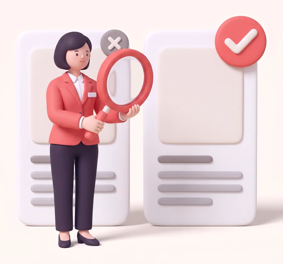 Illustration of a concierge comparing two listings with a magnifier, passing only one