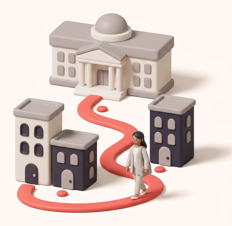Illustration of a neighbourhood map with a walking route from housing to a campus