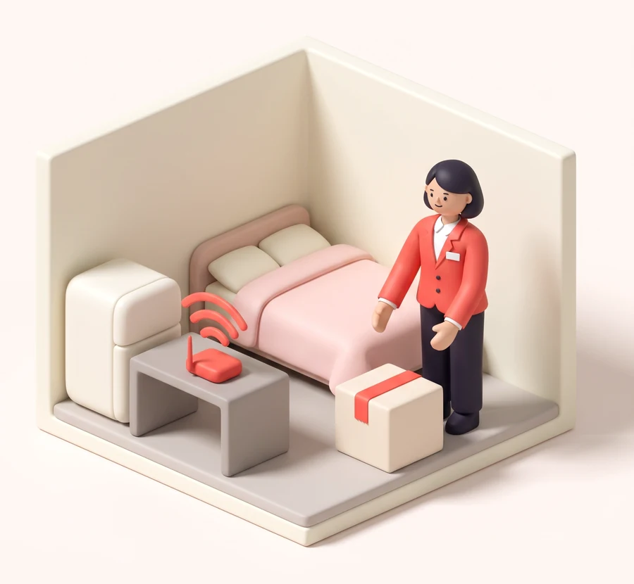 Illustration of a concierge setting a moving box into a room with a bed, fridge and Wi-Fi